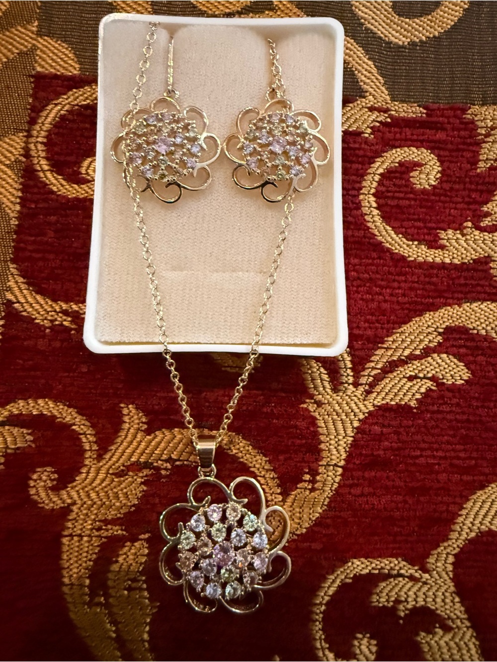Gold Floral Crystal Necklace and Earrings Set - Women's Jewelry